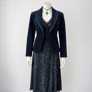 Whimsigoth Office Siren Navy Blue Velvet Blazer Dark Academia Witchy Femme Boss